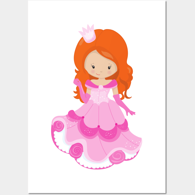 Cute Princess, Crown, Pink Dress, Orange Hair Wall Art by Jelena Dunčević